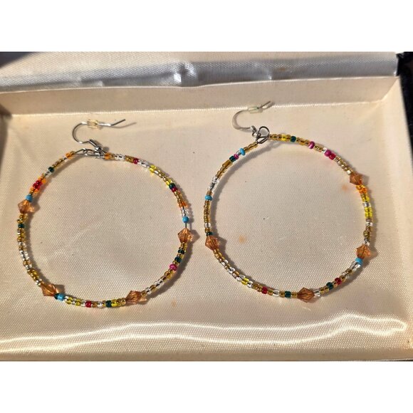 Colorful Beaded Hoop Earrings With Glass Beads & Hook Closure - Picture 1 of 4